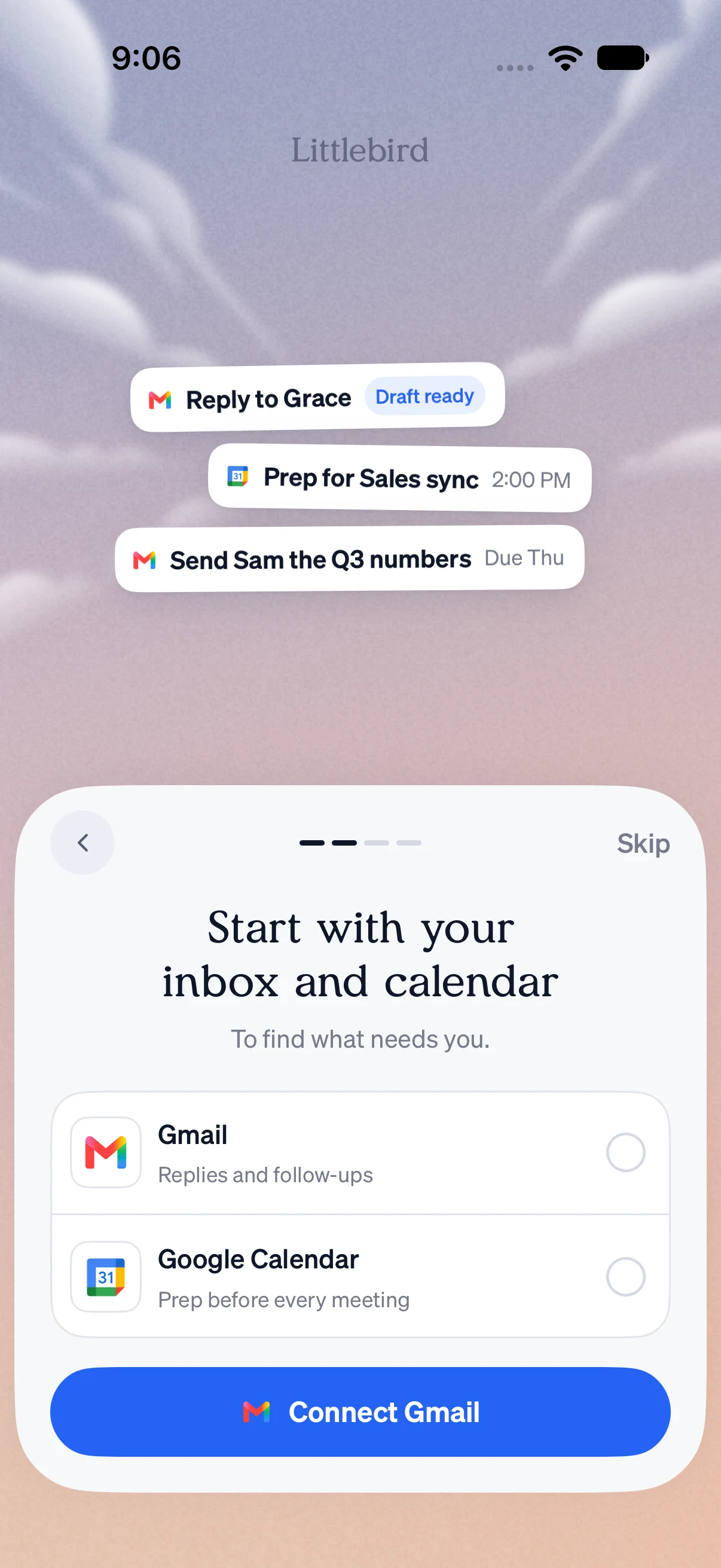 Connecting Gmail and Google Calendar during onboarding