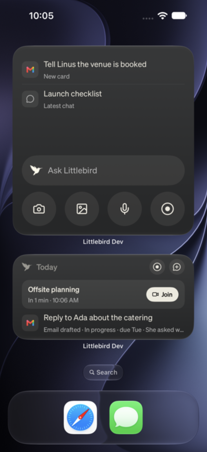 Ask Littlebird and Today widgets on a dark home screen